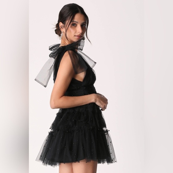NEW Lulus Black Tulle Beaded Shoulder-Tie Tiered Mini Party Dress Women’s L READ - Picture 3 of 12